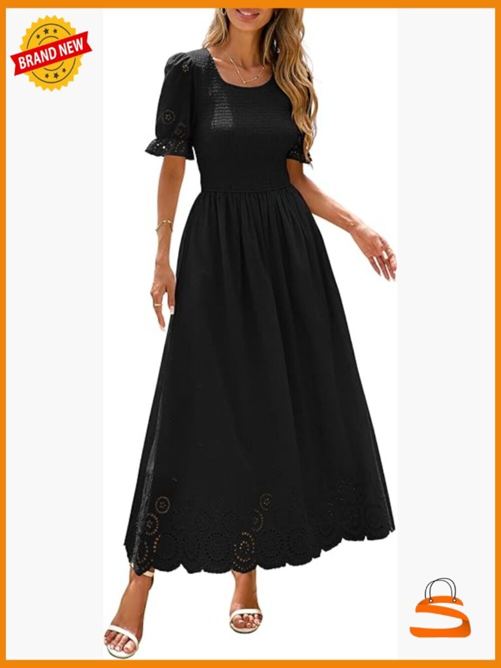 Maxi Smocked Eyelet Dress Puff Sleeve Flowy Boho Beach Party Sun Dresses Pockets